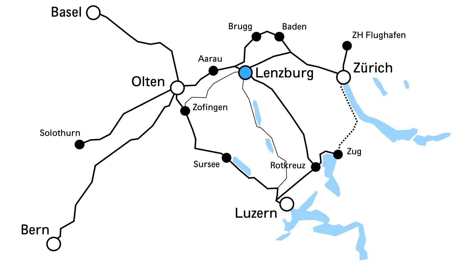 Das Bild zeigt eine Karte, auf der die Anreise nach Lenzburg über die wichtigsten Verkehrsverbindungen aufgezeigt wird.