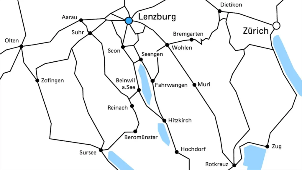 Das Bild zeigt eine Karte vom Freiamt mit den besten Verbindungen ins GLORIA Lenzburg