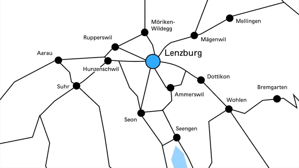 Das Bild zeigt eine Karte der Region Lenzburg mit den besten Verbindungen ins GLORIA Lenzburg