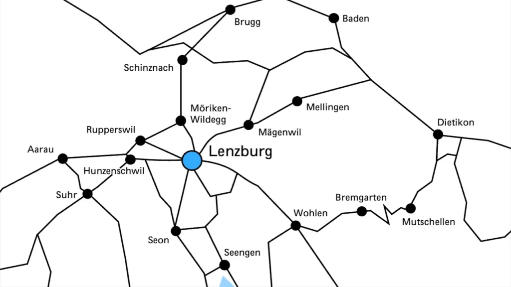 Das Bild zeigt eine Karte der Region Aarau mit den besten Verbindungen ins GLORIA Lenzburg