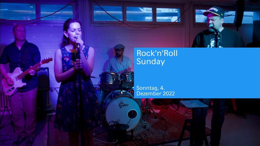 Das Bild zeigt ein Poster des Rock'n'Roll Sundays im Gloria Coworking. Auf dem Bild sieht man die Band "Radio Memphis" auf der Bühne in Aktion.
